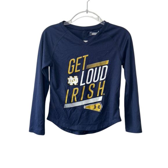 Under Armour NOTRE DAME Navy Blue Long Sleeve V-Neck Shirt Cheer Sz 5 - Picture 1 of 5